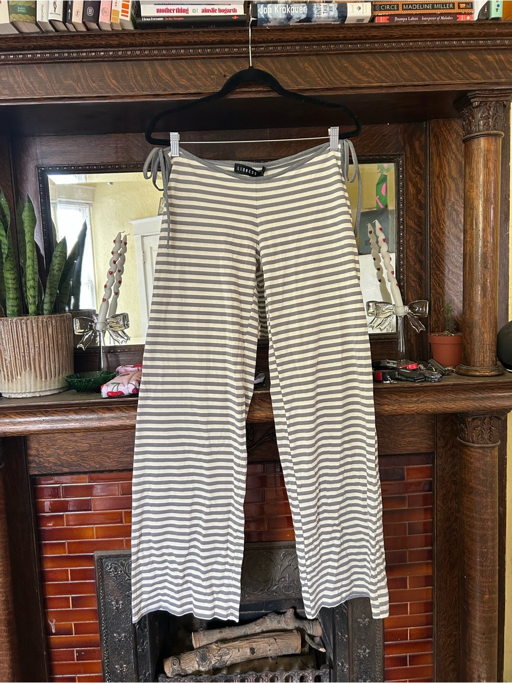 Lioness Striped Wide-Leg Drawstring Pants - Gray & yellowish/green